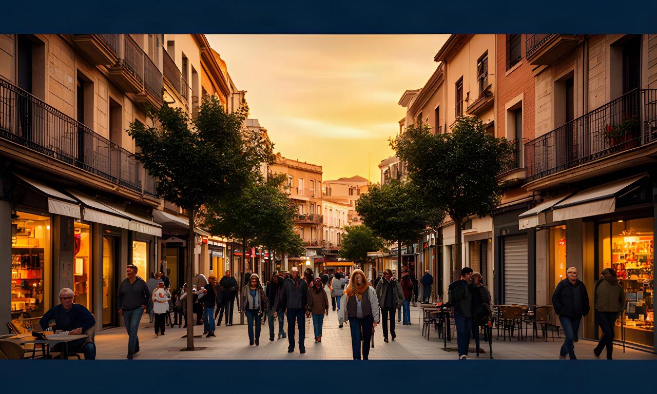 Calle comercial de Montornés del Vallés al atardecer con pequeños negocios y tránsito de vecinos