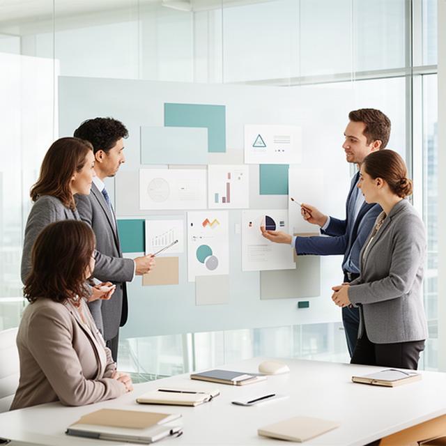 Equipo directivo revisando un tablero de estrategia con objetivos y métricas en una sala luminosa