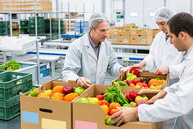 Equipo preparando cajas de alimentos frescos con etiquetas de lote en un centro de distribución