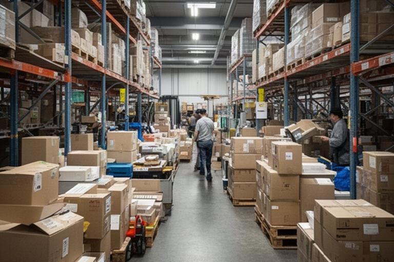 Almacén de distribución con cajas mezcladas, pasillos bloqueados y preparación lenta de pedidos