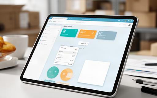Tablet con dashboard financiero y facturación digital en una oficina de distribución