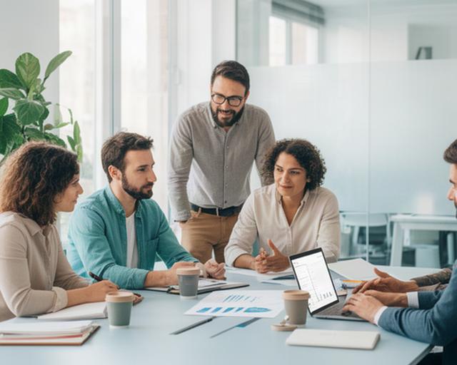 Equipo de una startup SaaS B2B de Barcelona revisando métricas financieras en una sala luminosa